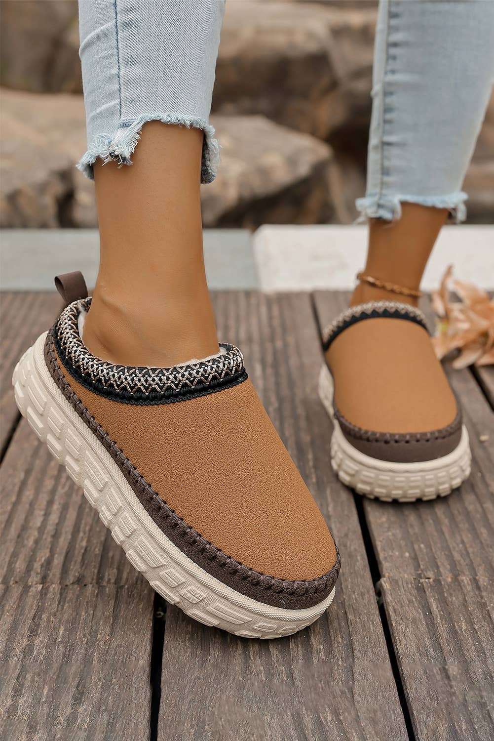 Contrast Stitch Detail Suede PU Plush Slippers | US7-10
