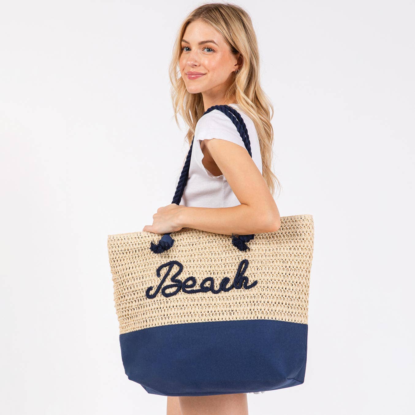 BEACH Message Embroidered Rope Handle Crochet Tote Bag