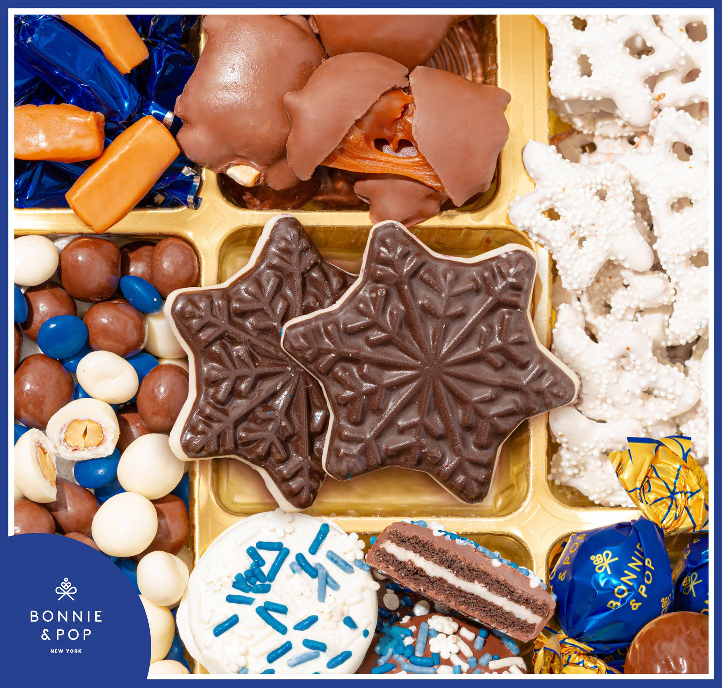 Christmas Gift – Blue Snowflake Holiday Tin with Gourmet Chocolates, Nuts & Cookies