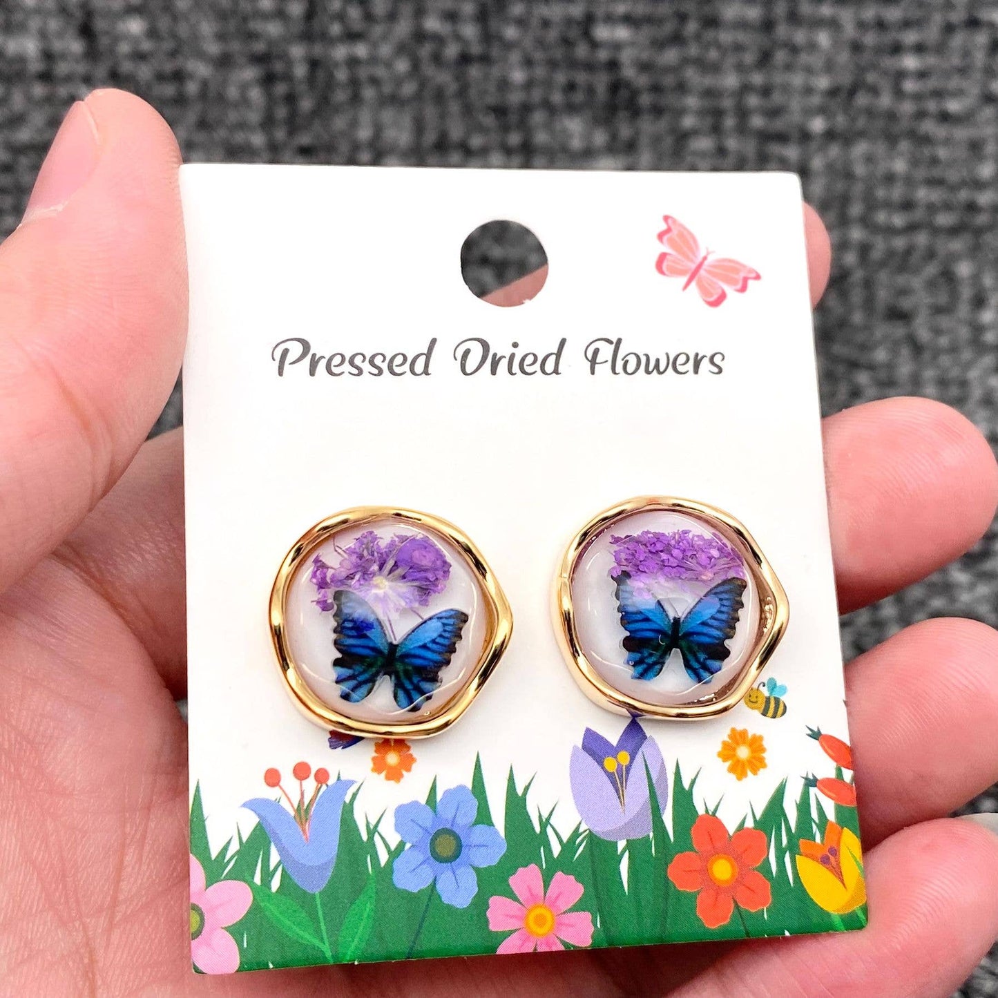Dried Flowers Butterfly 18K Matte Gold Plated Ear Studs -PDF