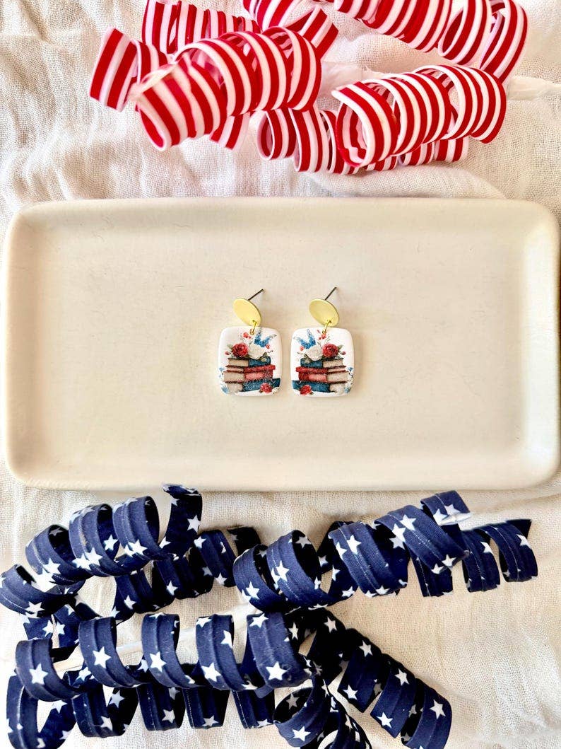 Patriotic Book Earrings, Book Clay Earrings