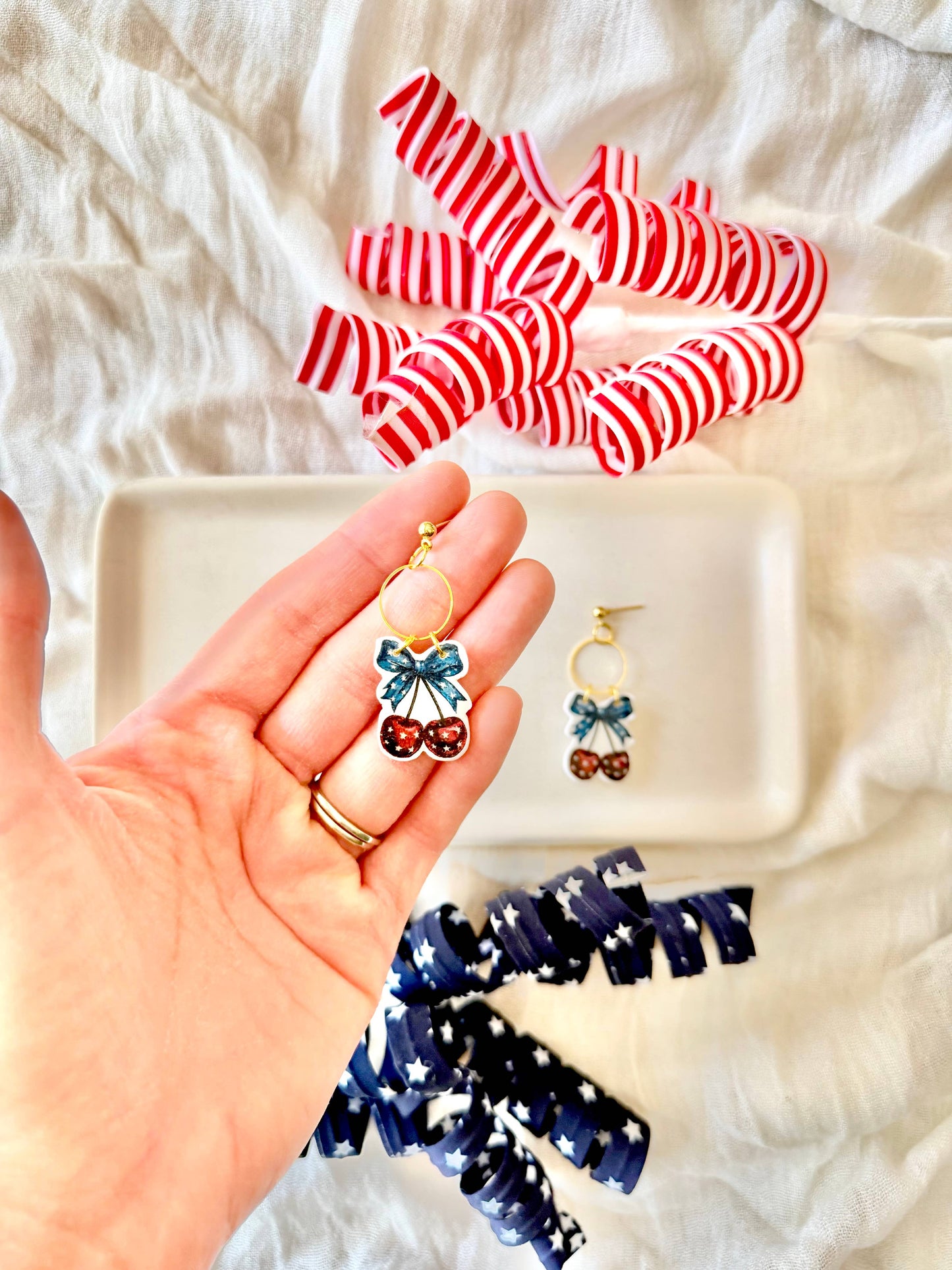 Patriotic Cherry Clay Earrings, Stars and Stripes Earrings