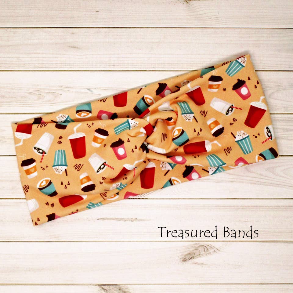 Latte Coffee Cup Barista Print Knit Wide Twist Headband