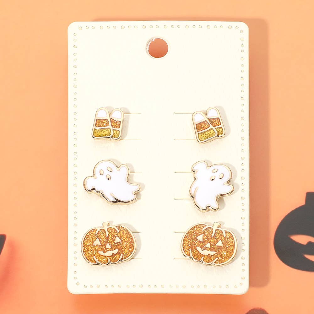 3Pairs - Halloween Candy Corn Ghost Pumpkin Stud Earring Set