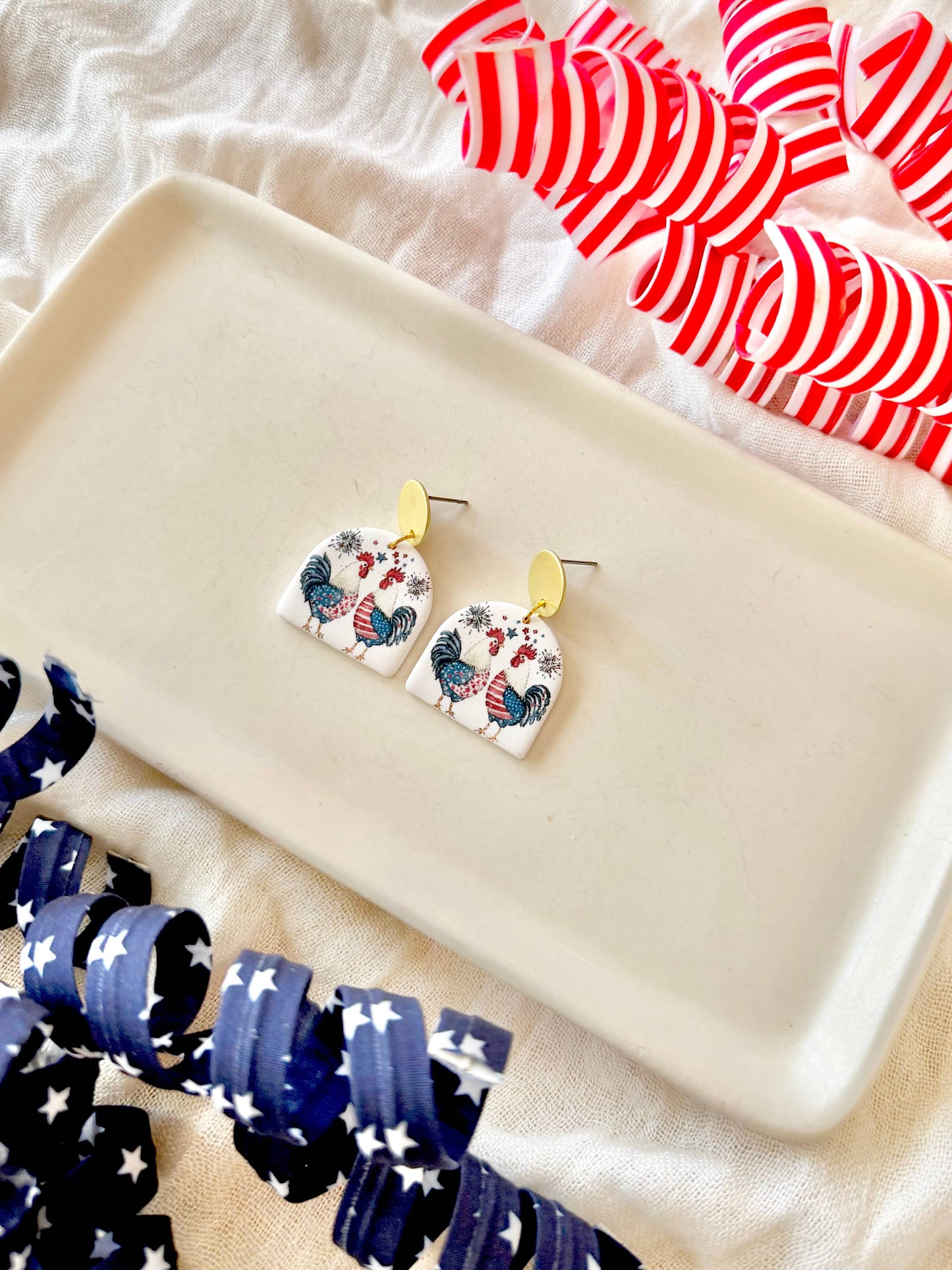 Patriotic Chicken Earrings, Chicken Clay Earrings