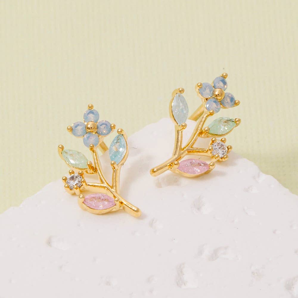 Gold Dipped Flower Leaf Cz Earrings