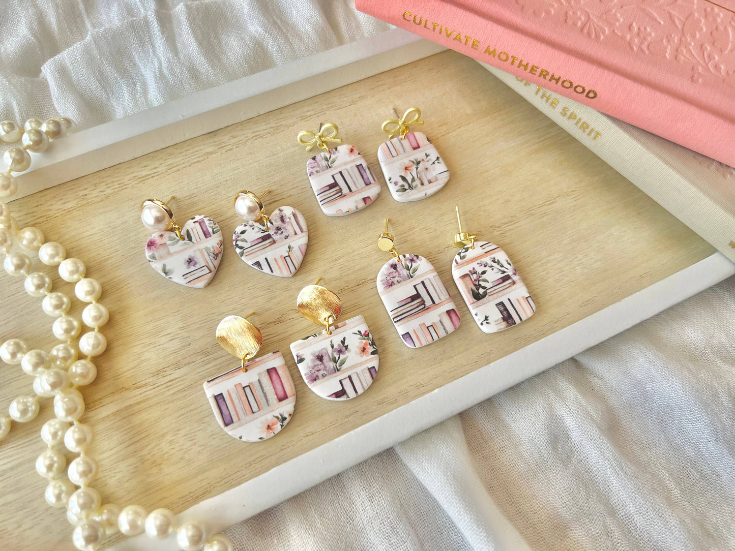 Bookshelf Earrings, Book Clay Earrings, Book Heart Earrings