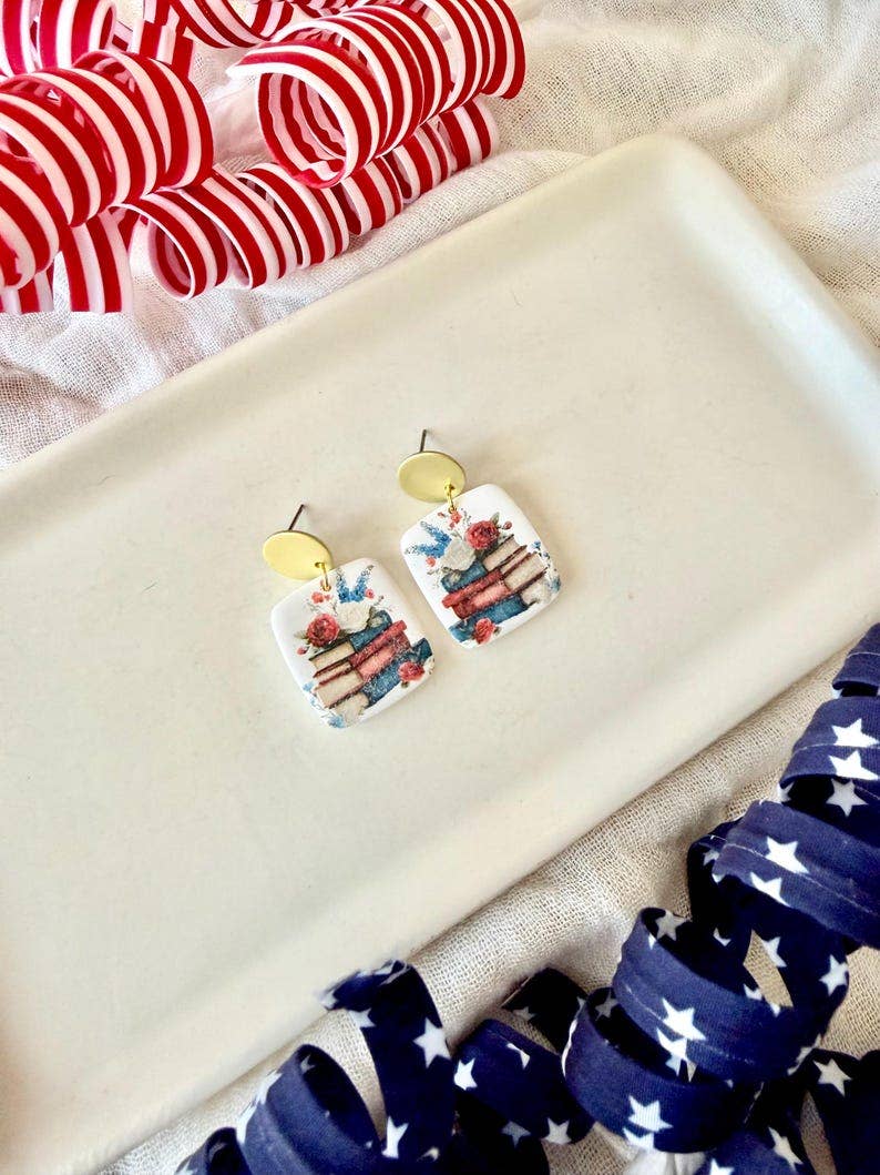 Patriotic Book Earrings, Book Clay Earrings