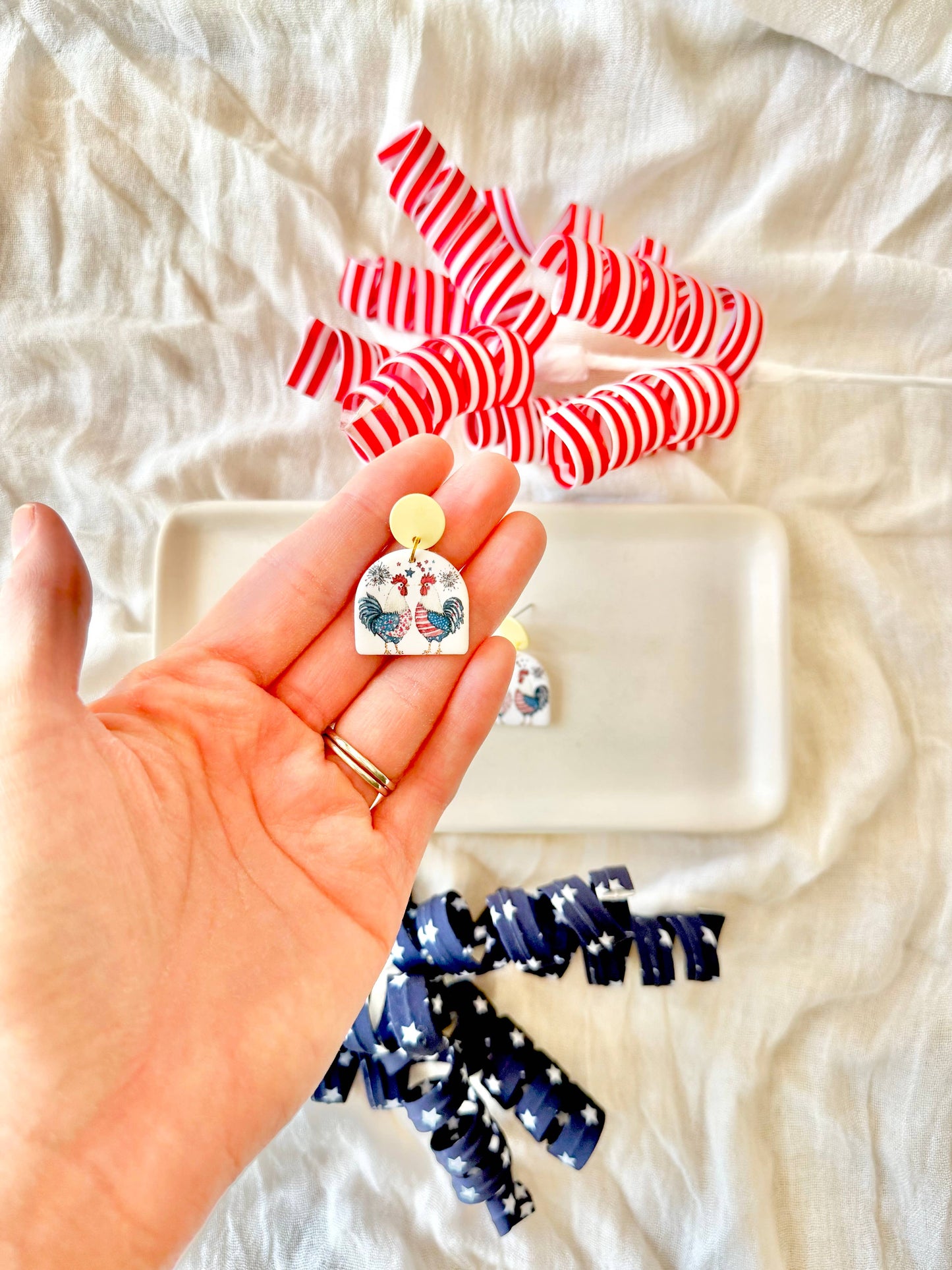 Patriotic Chicken Earrings, Chicken Clay Earrings