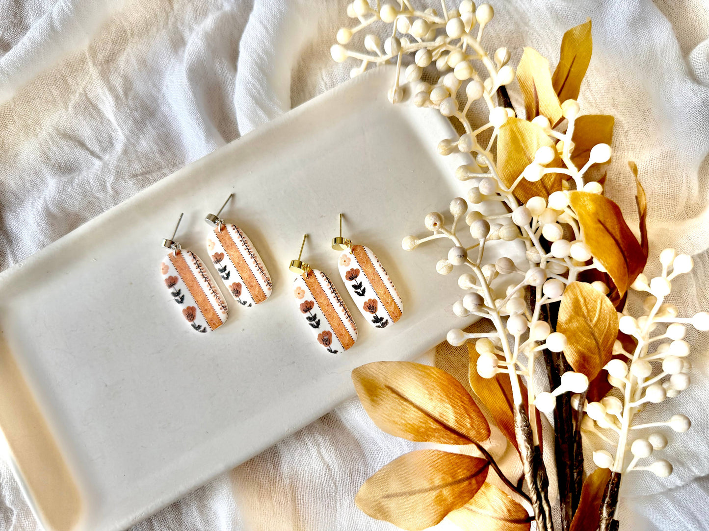 Fall Floral Earrings, Fall Clay Earrings, Neutral Earrings