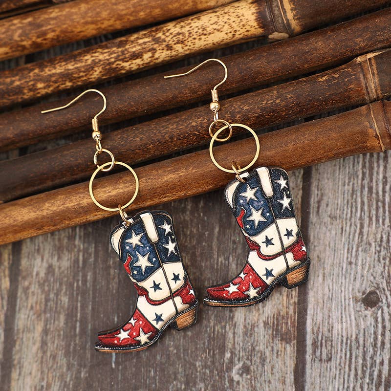 USA Vintage Western Boots Pentagram Wooden Earrings SP529