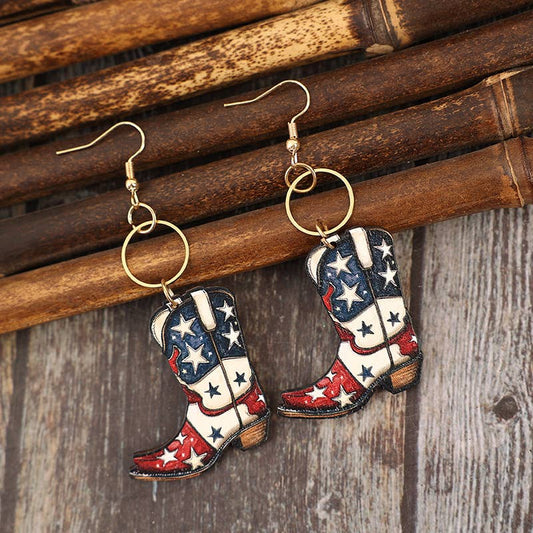 USA Vintage Western Boots Pentagram Wooden Earrings SP529