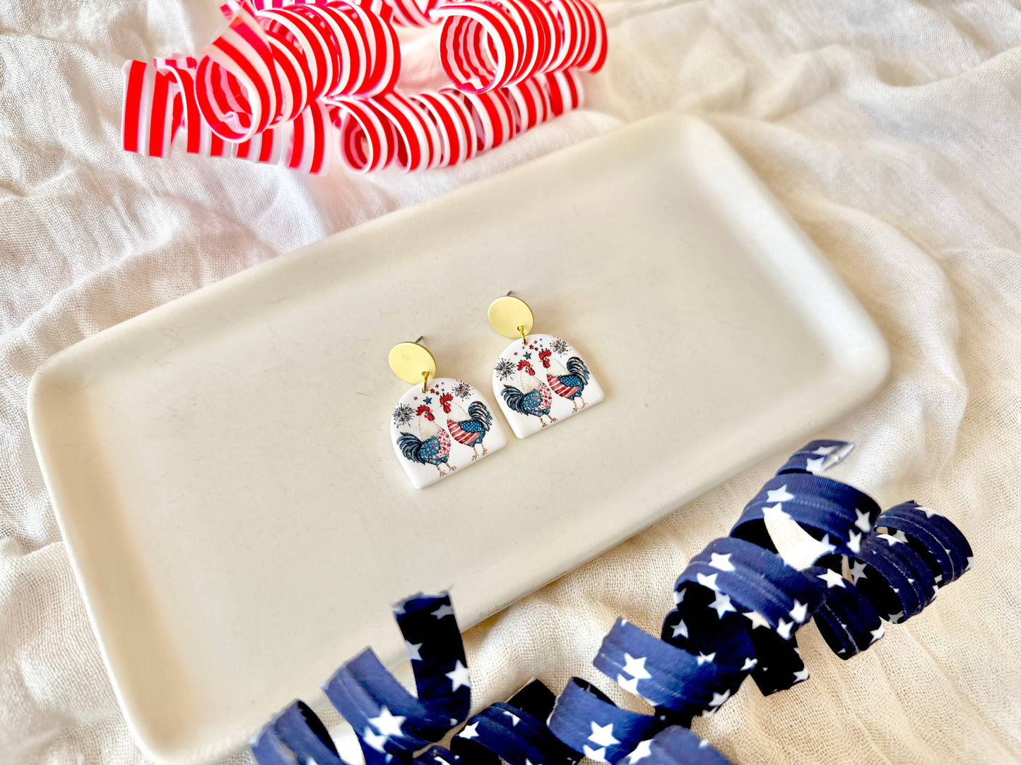 Patriotic Chicken Earrings, Chicken Clay Earrings