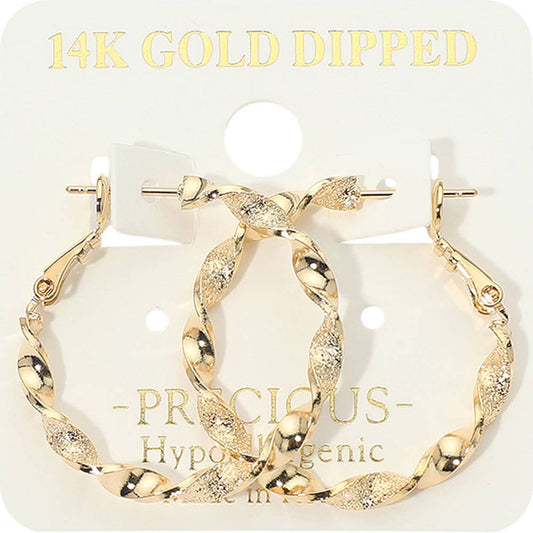14K Gold Dipped Textured Twisted Hoop Earrings
