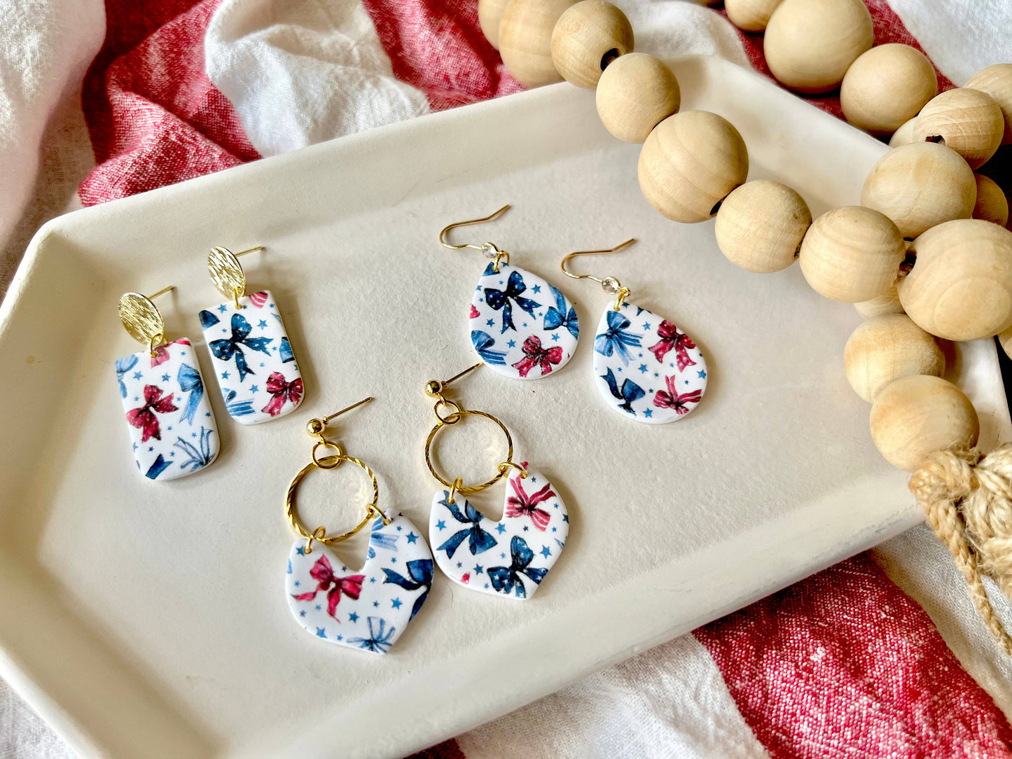 Patriotic Bow Earrings, Bow Clay Earrings