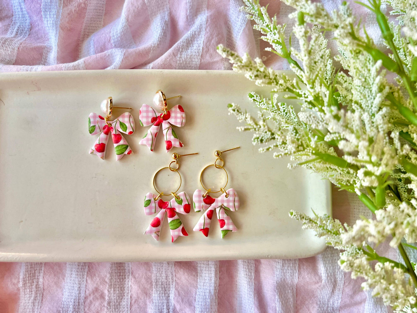 Cherry Bow Earrings, Cherry Clay Earrings, Bow Clay Earrings