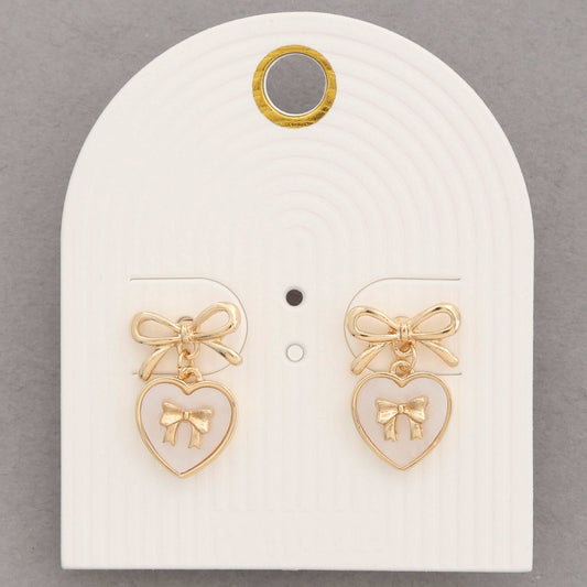 RIBBON BOW HEART LINK DANGLE EARRING, BDEB 821