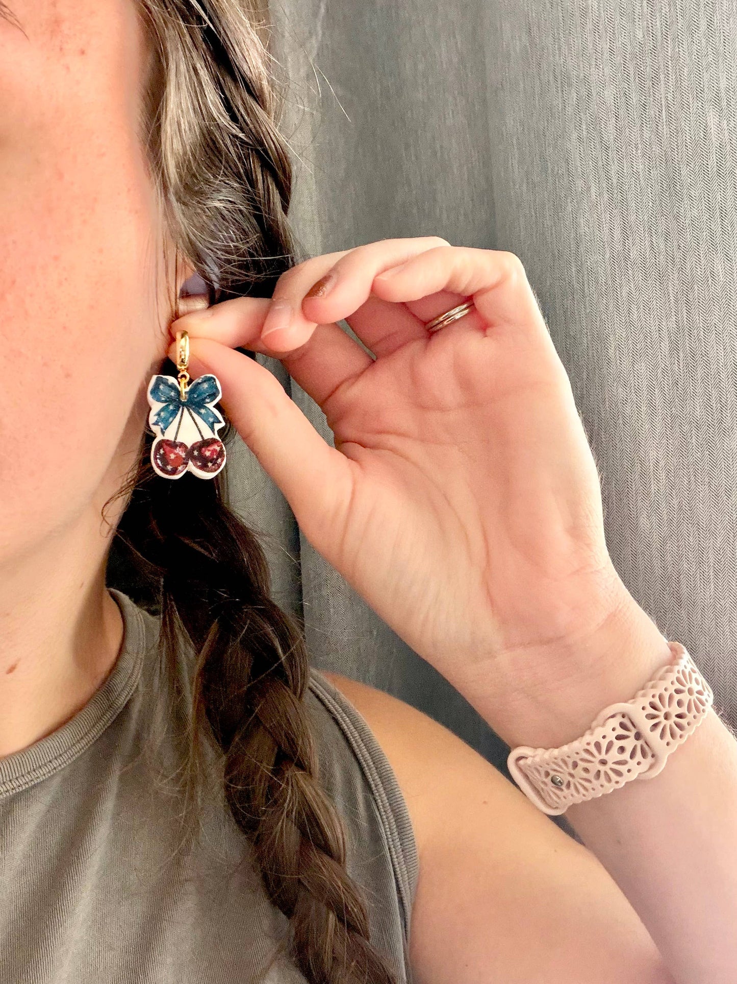 Patriotic Cherry Clay Earrings, Stars and Stripes Earrings