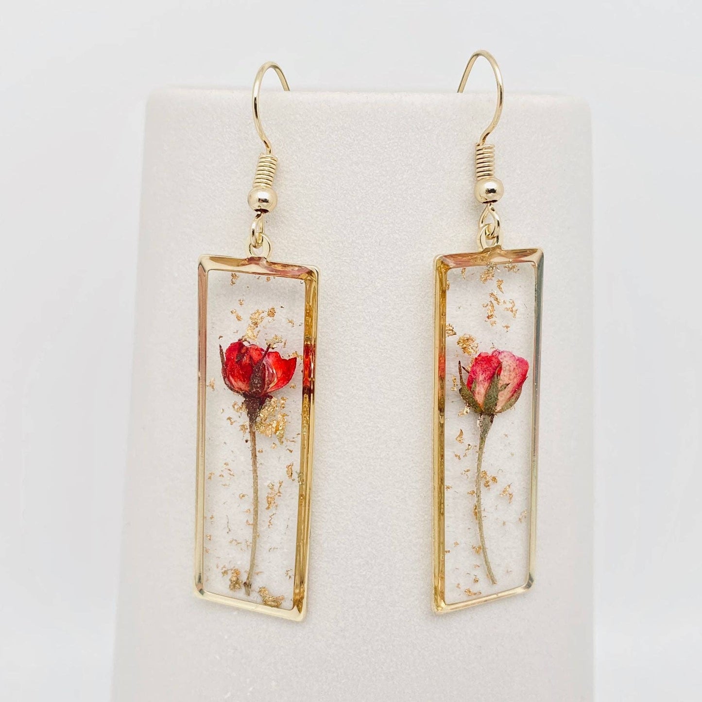 Rectangular Genuine Rose Dried Flowers Dangle Earrings - PDF