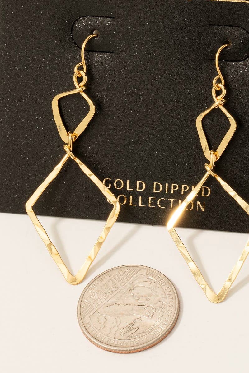 Gold Dipped Hammered Double Diamond Dangle Earrings