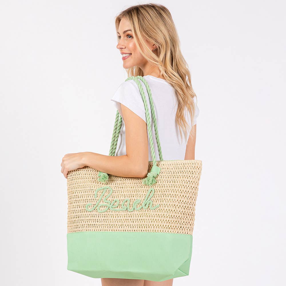 BEACH Message Embroidered Rope Handle Crochet Tote Bag