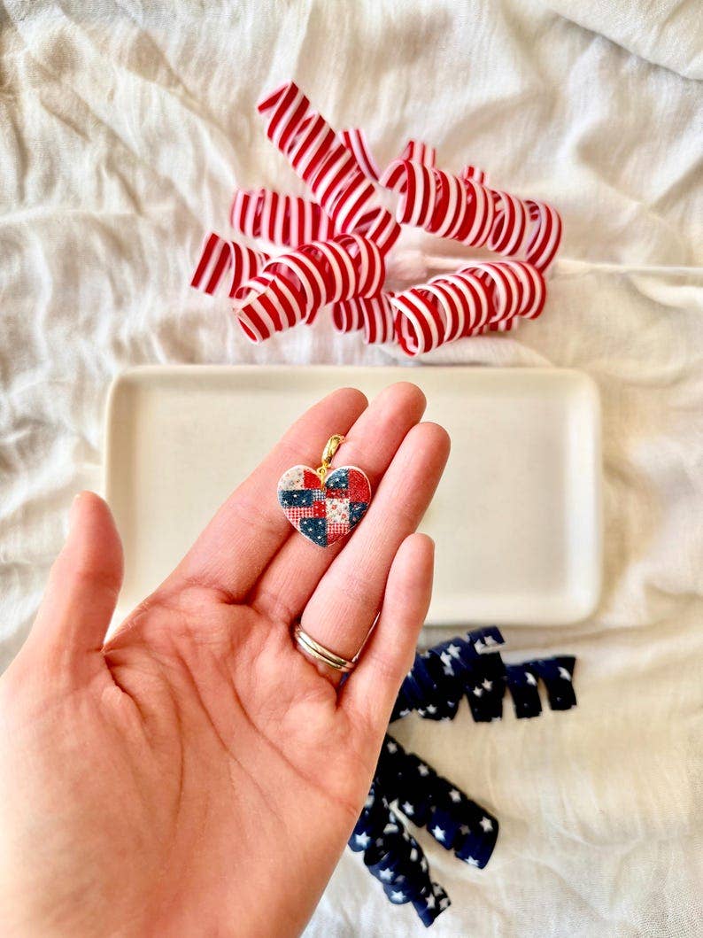 Patchwork Heart Earrings, Patriotic Heart Earrings, Heart Clay Earrings, Patriotic Earrings, July Fourth Earrings, July Clay Earrings
