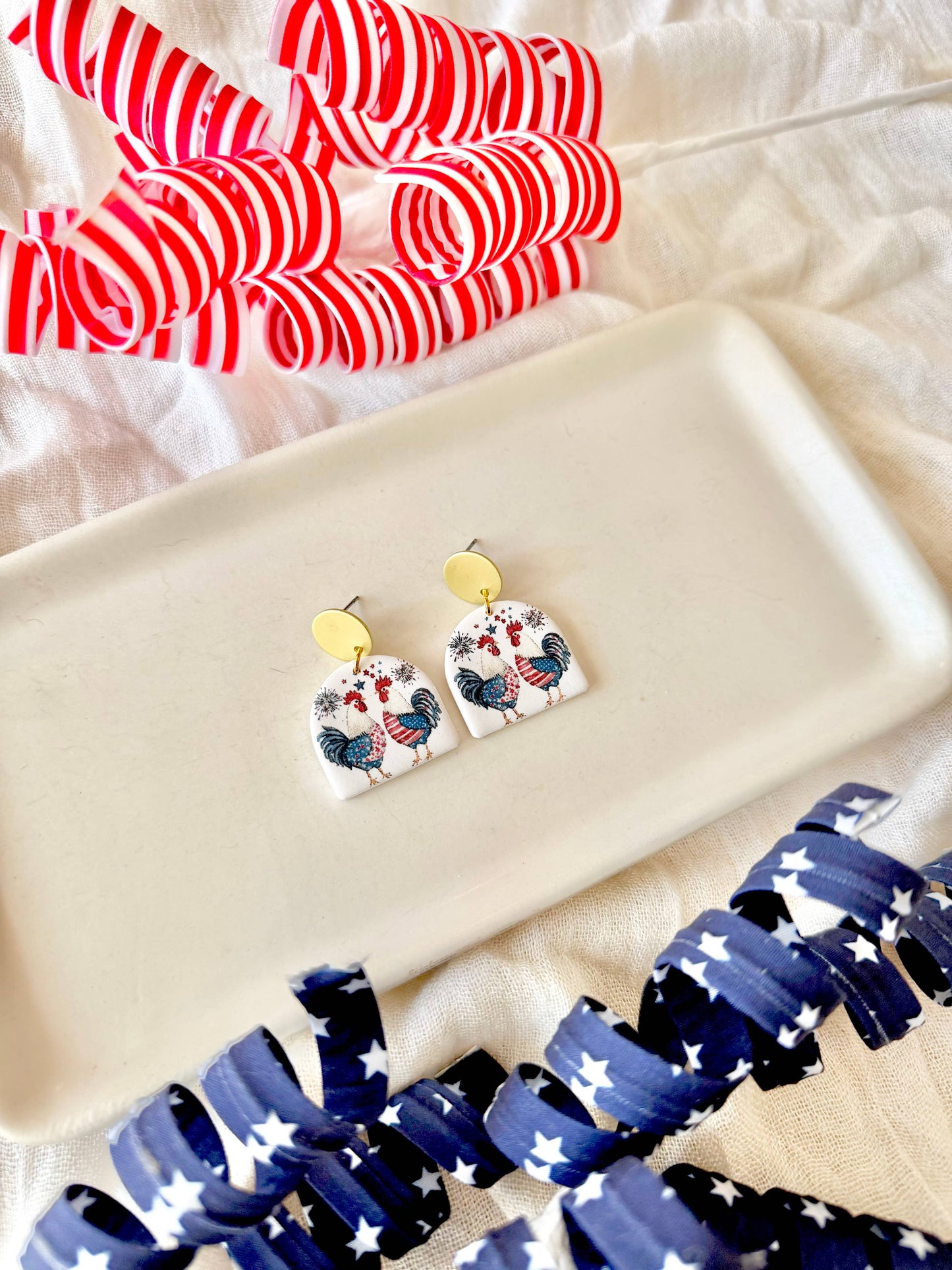 Patriotic Chicken Earrings, Chicken Clay Earrings