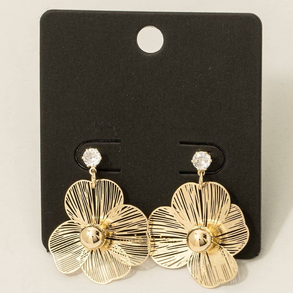 Cz Stud Golden Flower Drop Earrings