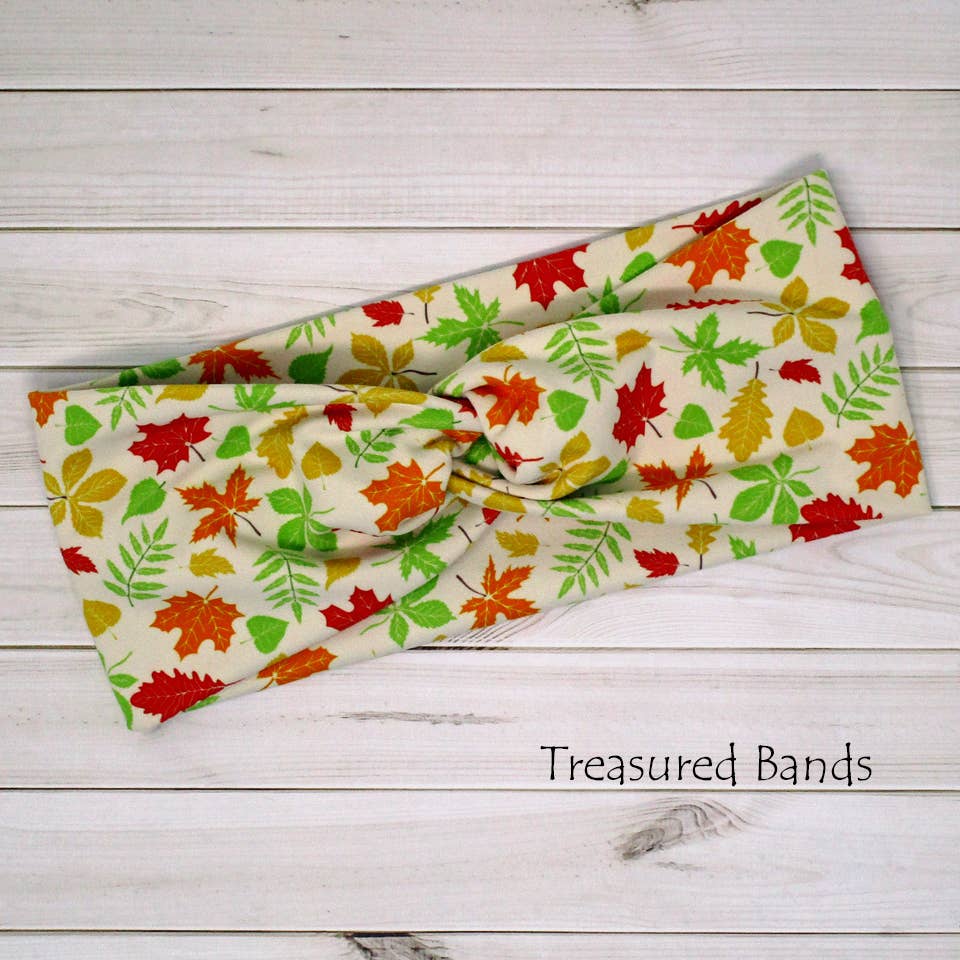 Fall Leaves on Natural Print Knit Twist Headband