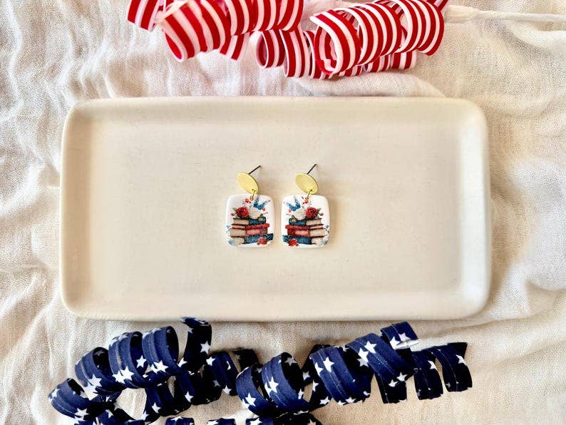 Patriotic Book Earrings, Book Clay Earrings