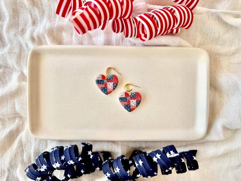 Patchwork Heart Earrings, Patriotic Heart Earrings, Heart Clay Earrings, Patriotic Earrings, July Fourth Earrings, July Clay Earrings