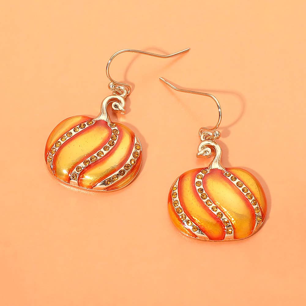 Rhinestone Pave Enamel Pumpkin Charm Drop Dangle Earrings