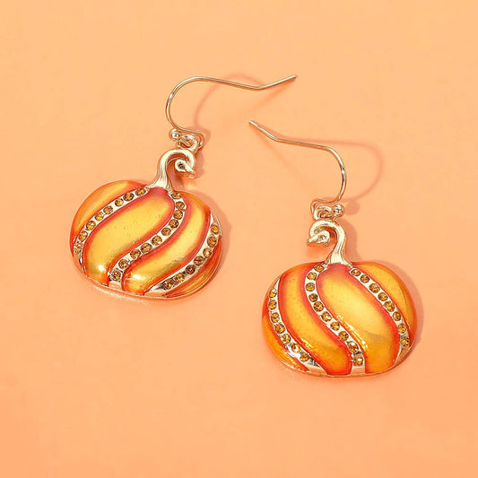 Rhinestone Pave Enamel Pumpkin Charm Drop Dangle Earrings