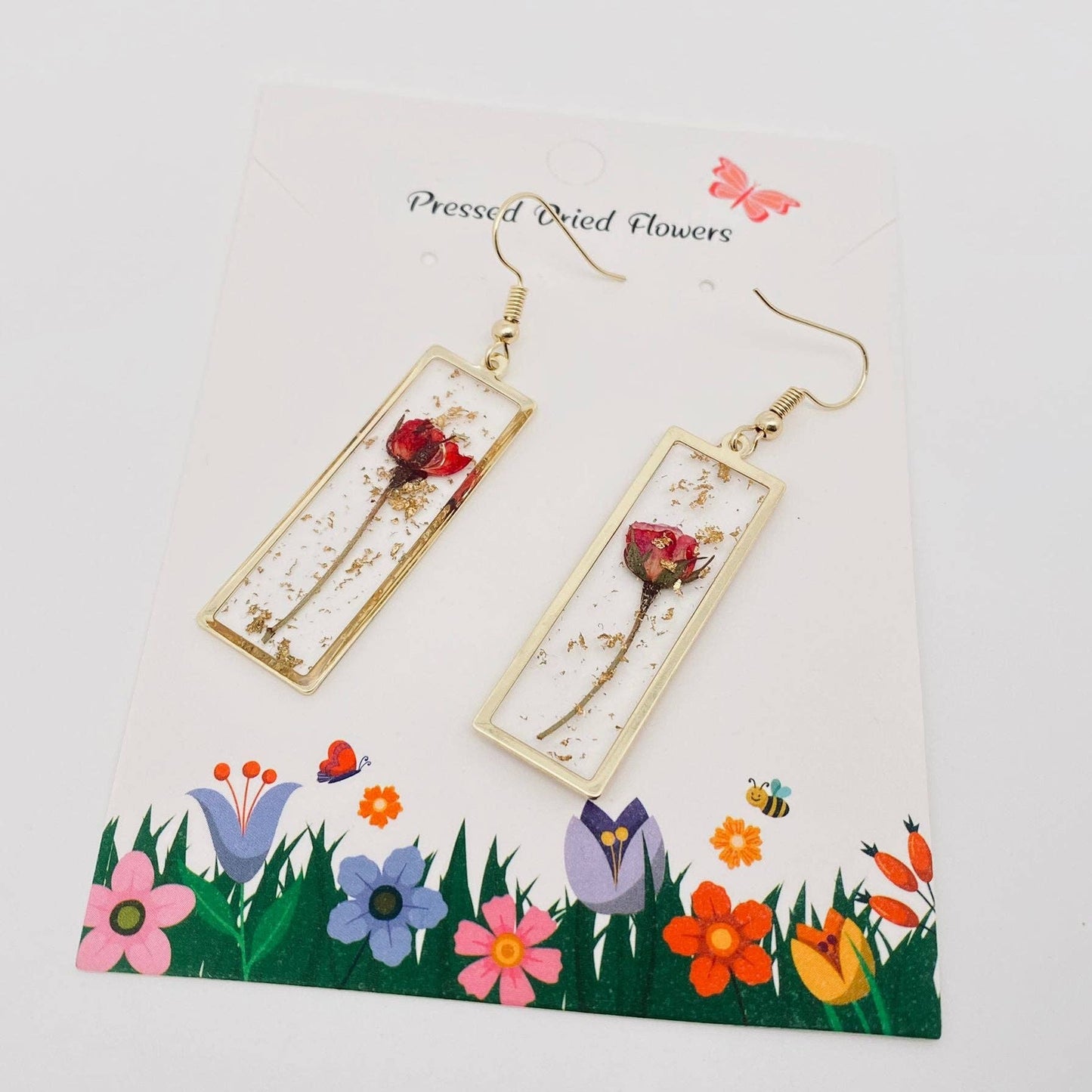 Rectangular Genuine Rose Dried Flowers Dangle Earrings - PDF