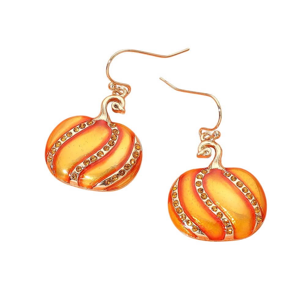 Rhinestone Pave Enamel Pumpkin Charm Drop Dangle Earrings