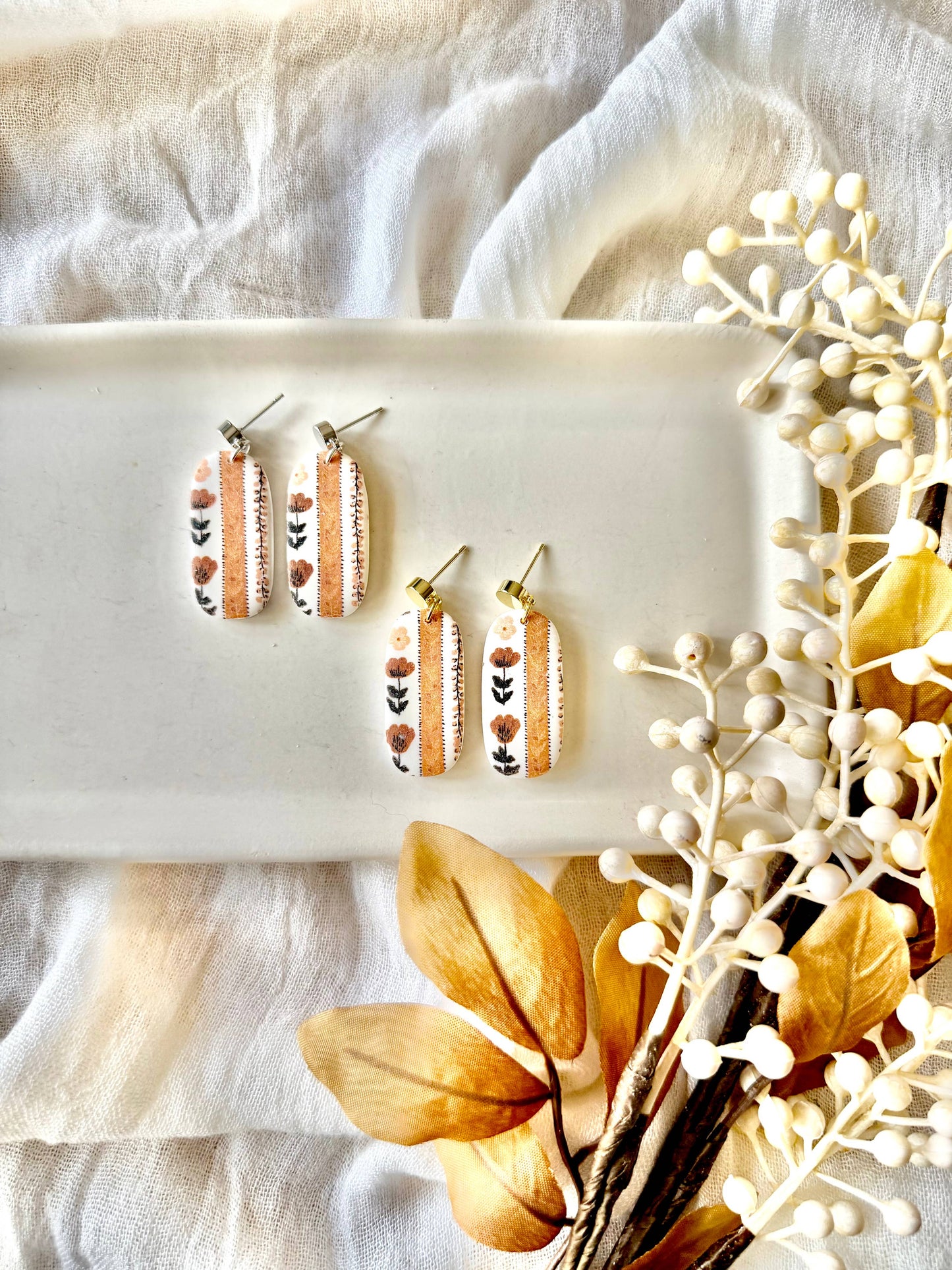 Fall Floral Earrings, Fall Clay Earrings, Neutral Earrings