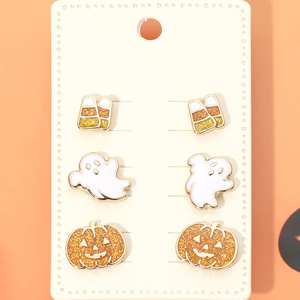 3Pairs - Halloween Candy Corn Ghost Pumpkin Stud Earring Set