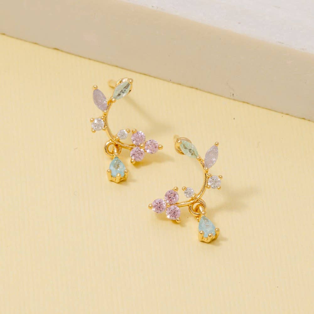 Gold Dipped Leaf And Flower Cz Earrings