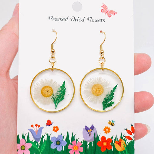 Chrysanthemum & Fern Leaf Dried Flowers Round Earrings - PDF