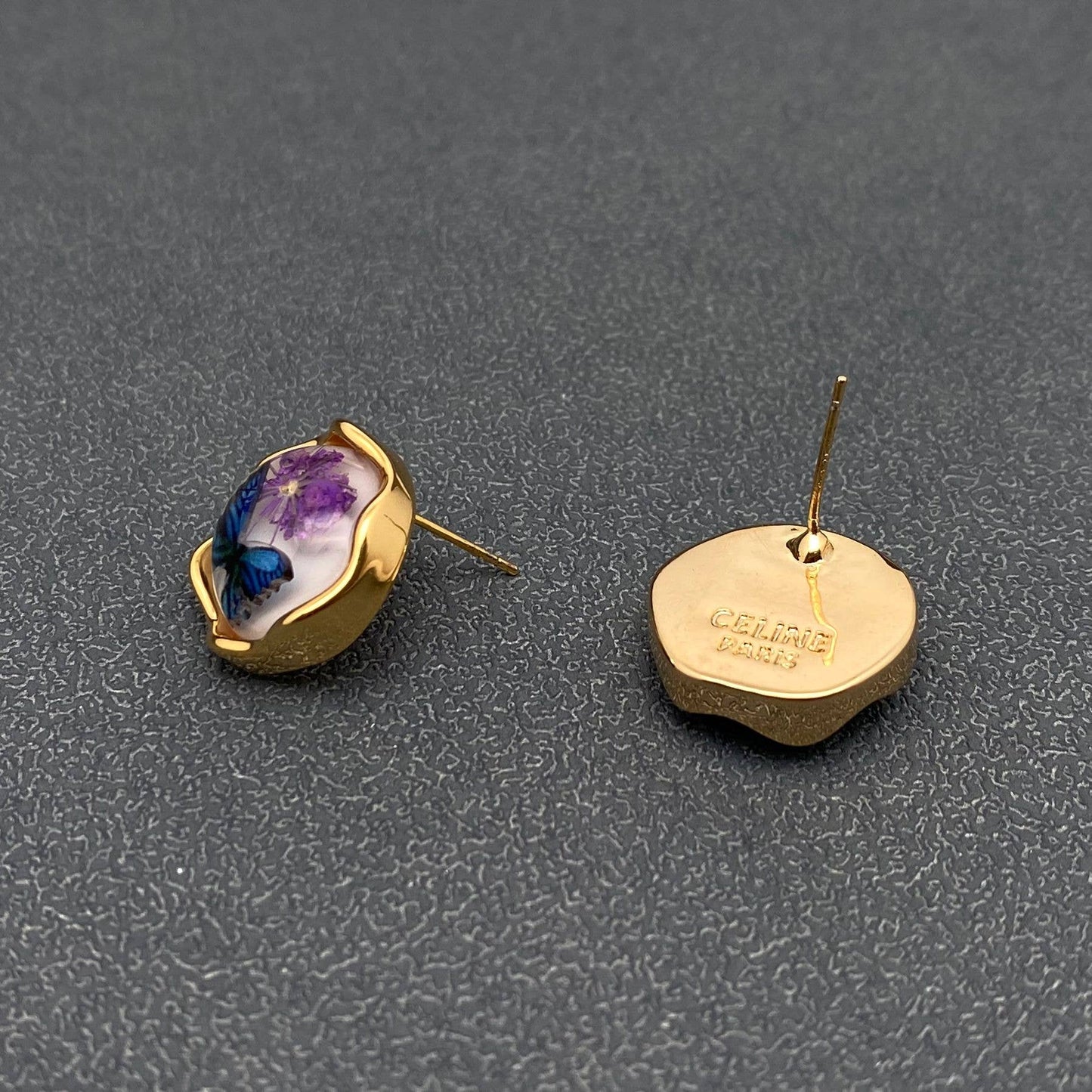 Dried Flowers Butterfly 18K Matte Gold Plated Ear Studs -PDF
