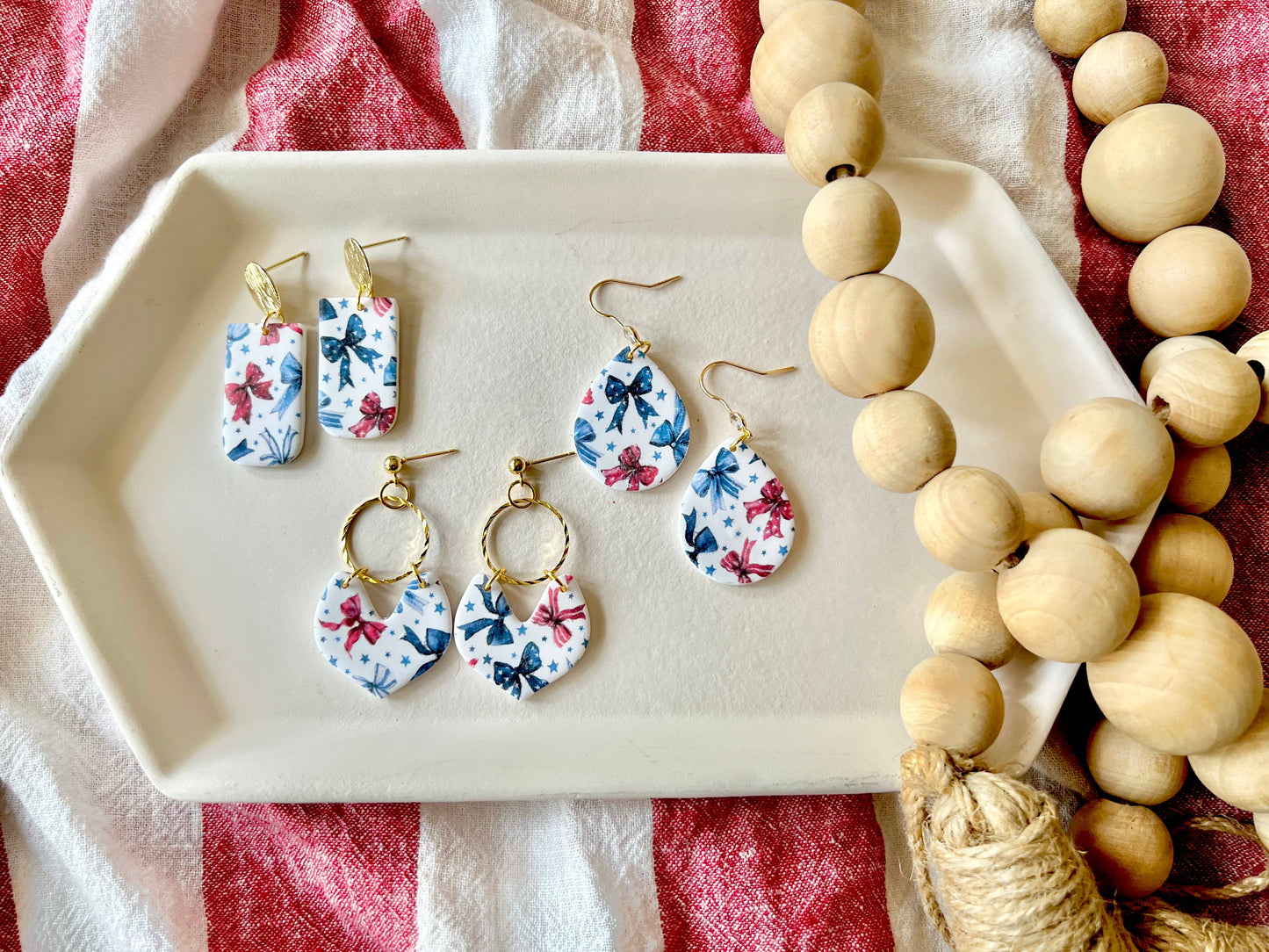 Patriotic Bow Earrings, Bow Clay Earrings