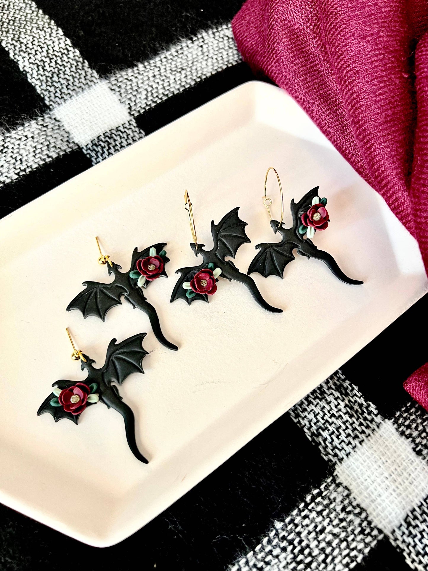 Dragon Rose Earrings, Dragon Clay Earrings