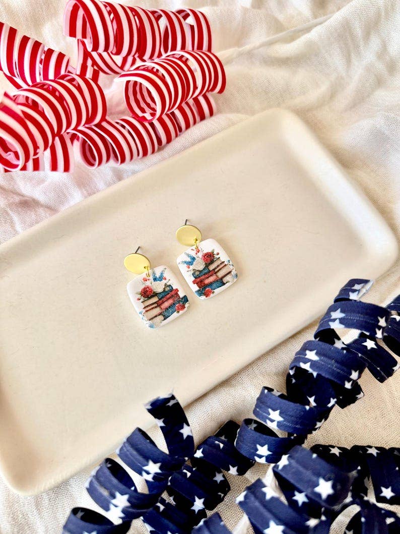 Patriotic Book Earrings, Book Clay Earrings