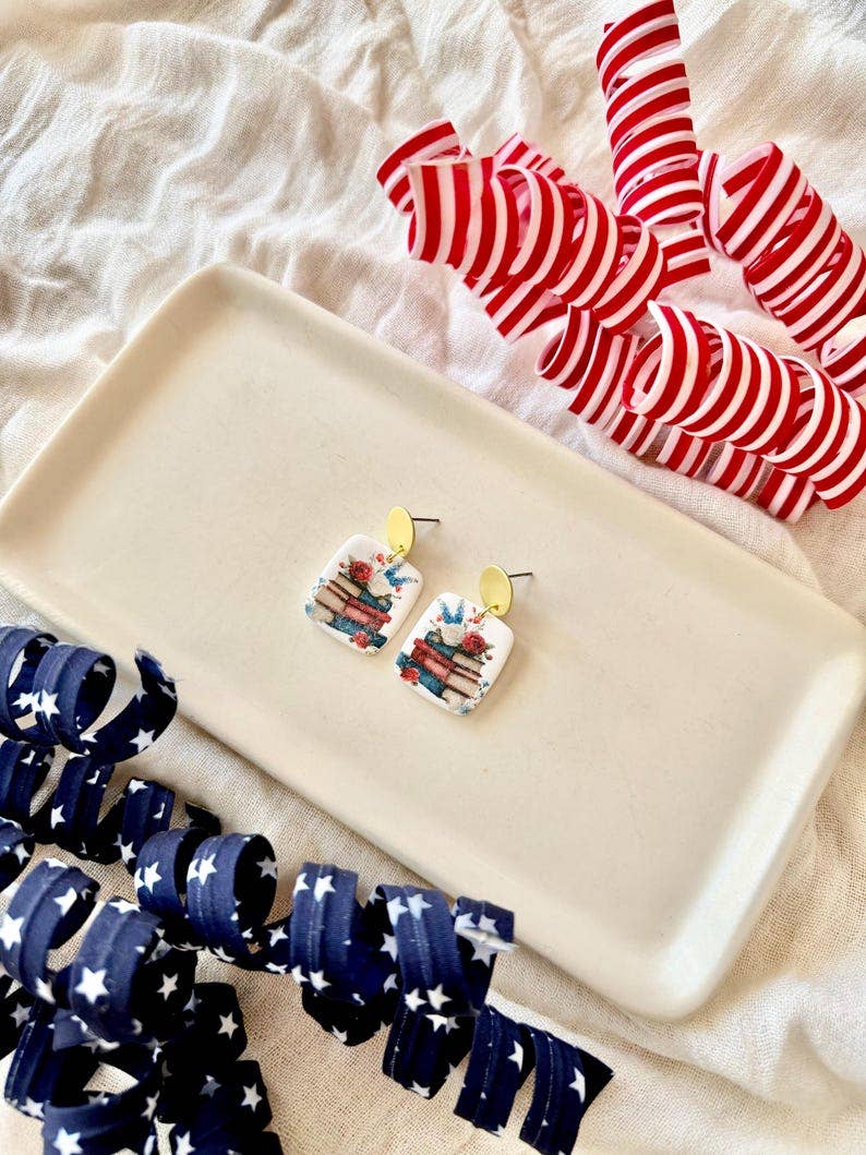 Patriotic Book Earrings, Book Clay Earrings