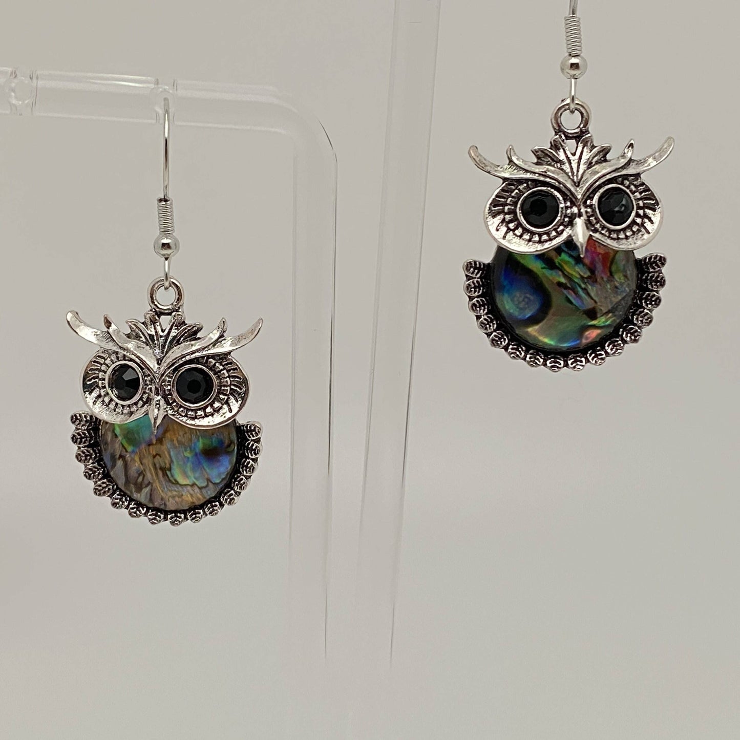 Owl, Geometric Abalone Shell Earrings