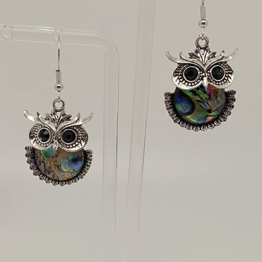 Owl, Geometric Abalone Shell Earrings