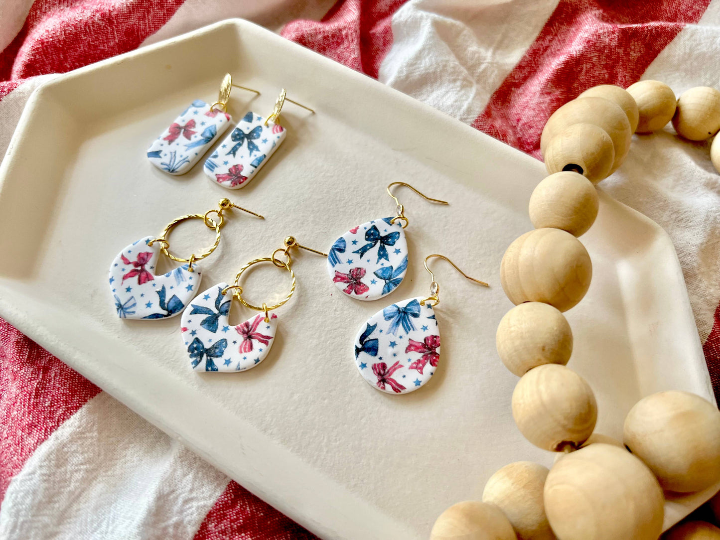 Patriotic Bow Earrings, Bow Clay Earrings