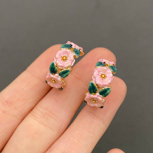 Vintage Enamel Colored Flower 18K Gold Plated Hoop Earrings