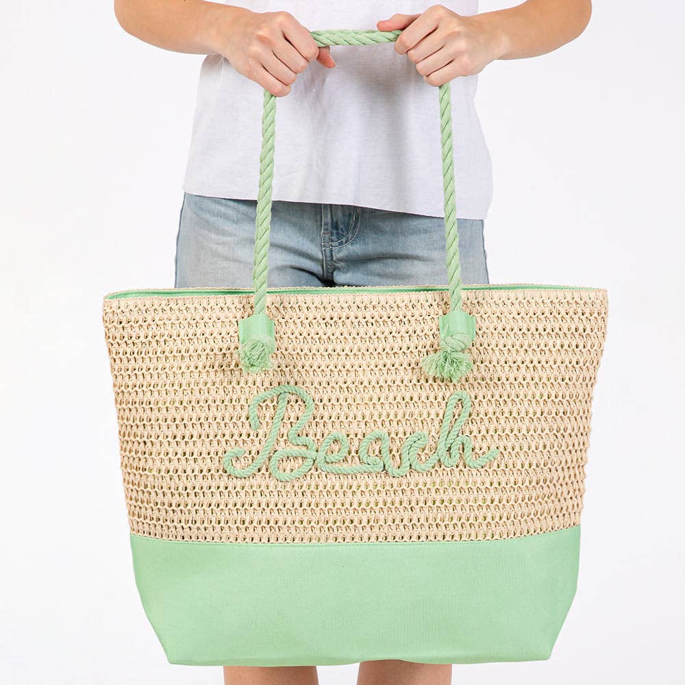 BEACH Message Embroidered Rope Handle Crochet Tote Bag