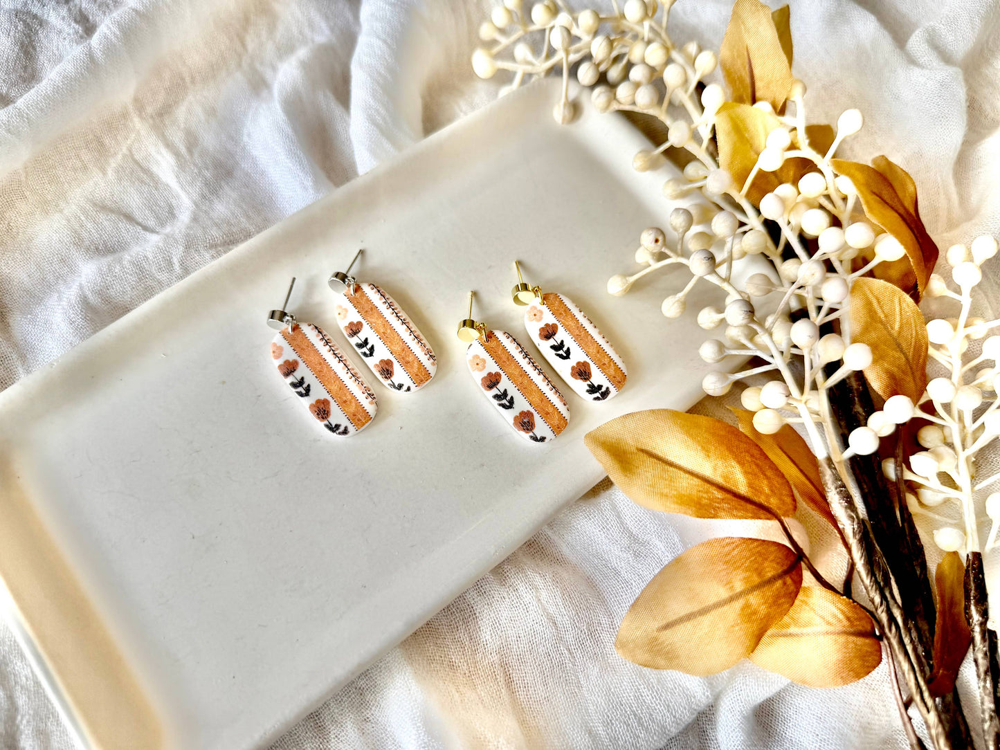 Fall Floral Earrings, Fall Clay Earrings, Neutral Earrings